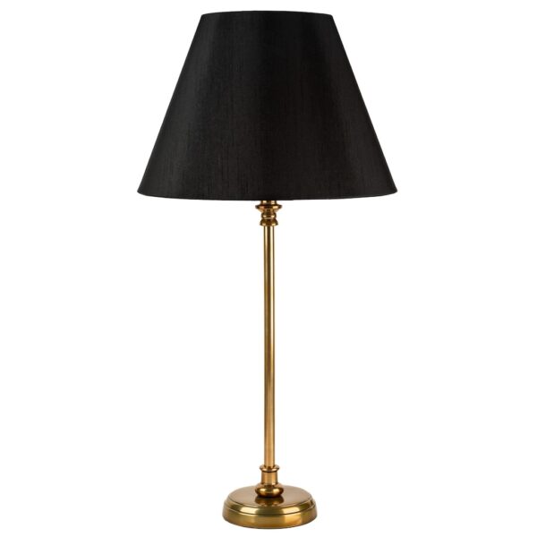 medium round base antique brass table lamp with black French empire shade