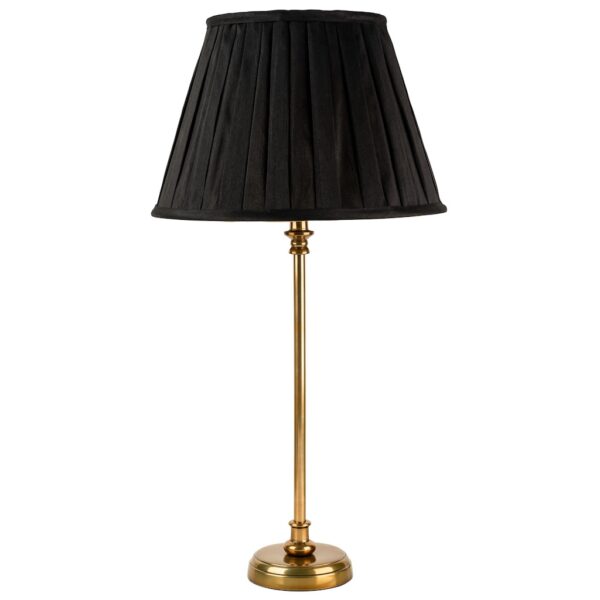 medium round base antique brass table lamp with black box pleat shade