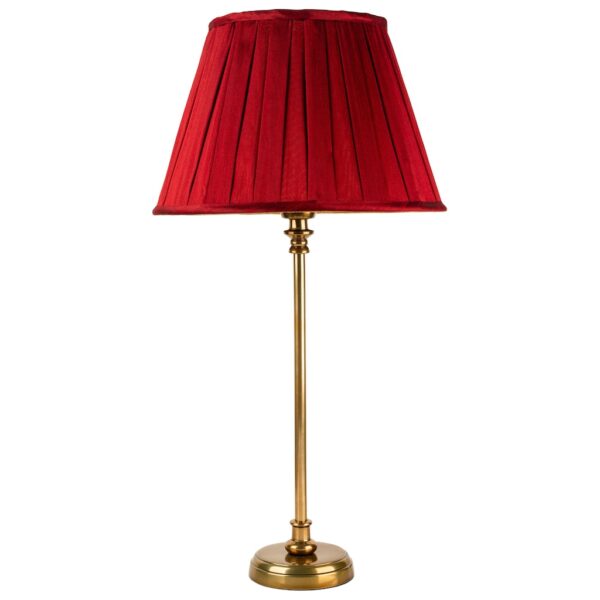 medium round base antique brass table lamp with burgundy box pleat shade