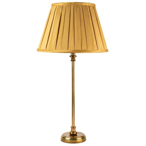medium round base antique brass table lamp with gold box pleat shade