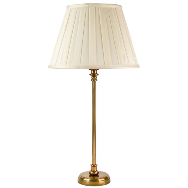 medium round base antique brass table lamp with ivory box pleat shade