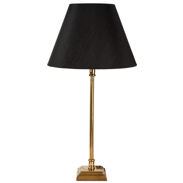 medium square base antique brass stick lamp with black French empire shade