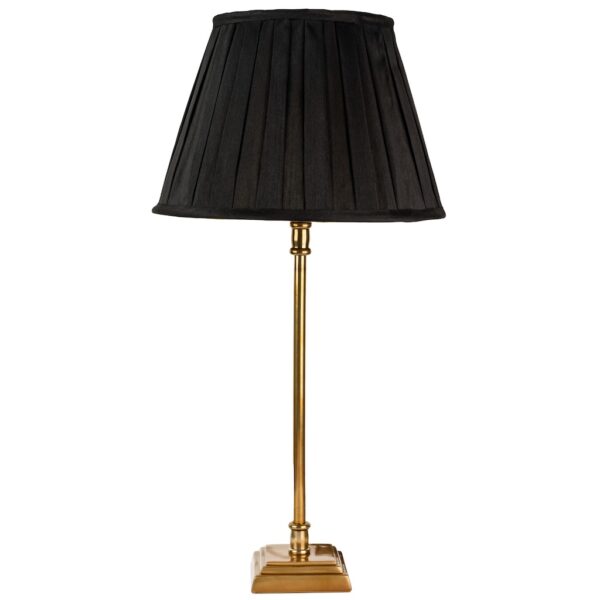 medium square base antique brass stick lamp with black box pleat shade