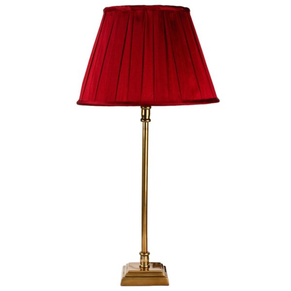 medium square base antique brass stick lamp with burgundy box pleat shade