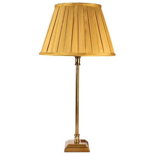 medium square base antique brass stick lamp with gold box pleat shade