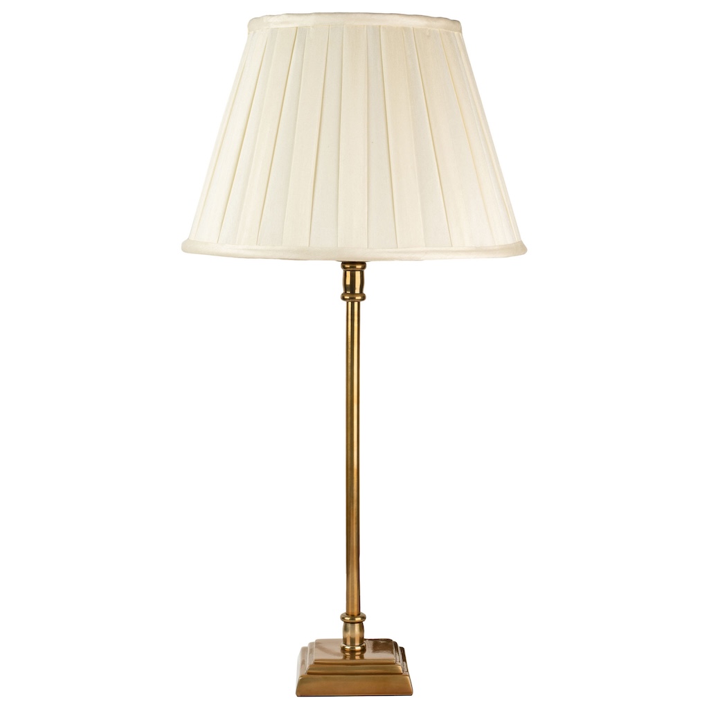 Square base antique brass table lamp medium medium square base antique brass stick lamp with ivory box pleat shade