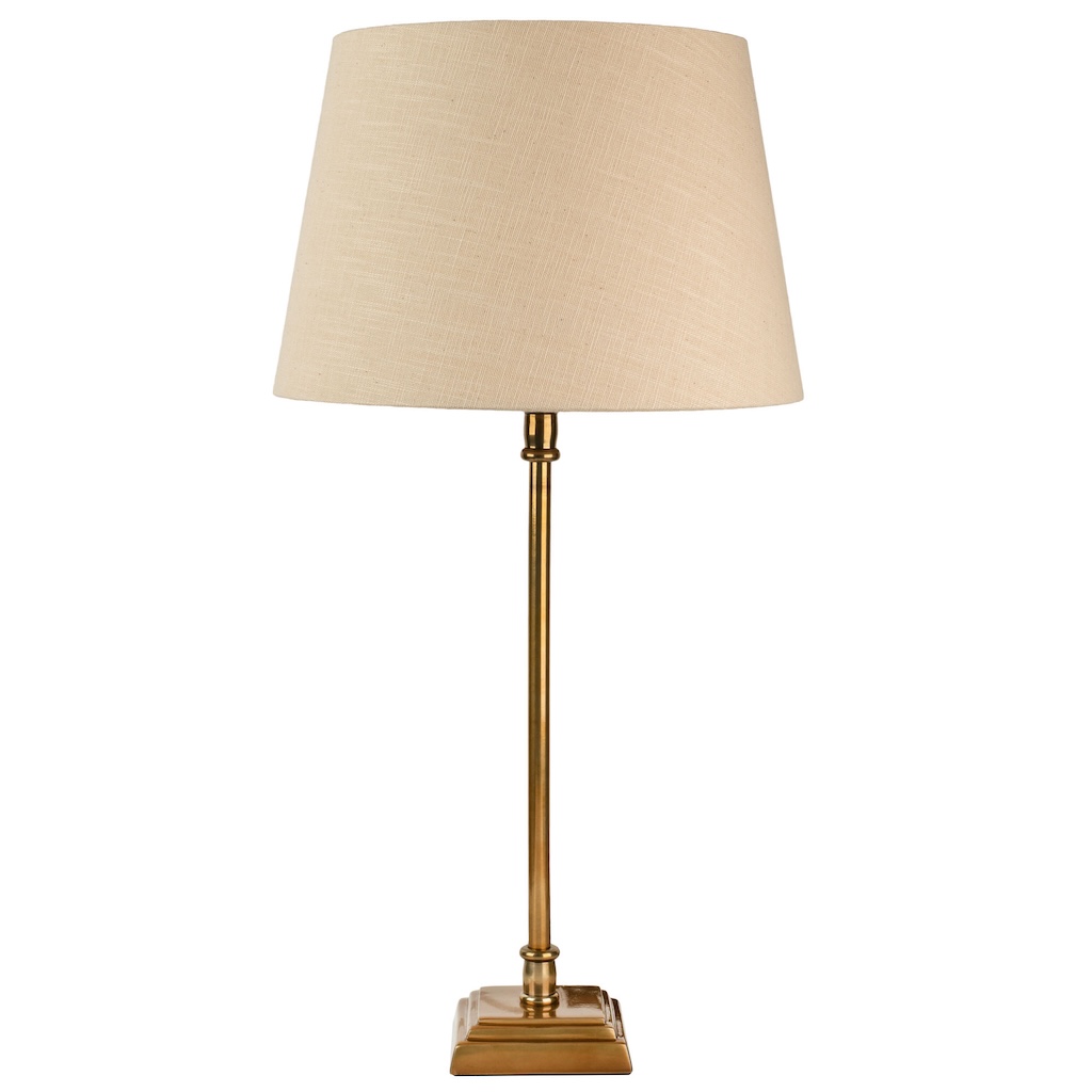 Square base antique brass table lamp medium medium square base antique brass stick lamp with natural tapered linen shade