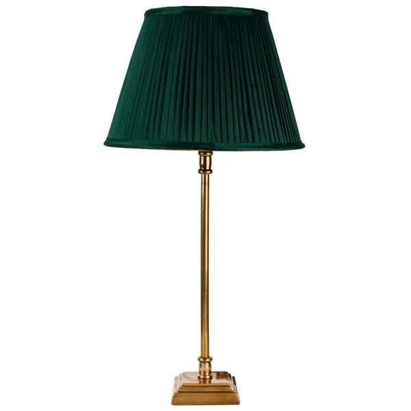 medium square base antique brass stick lamp with racing green pleated shade