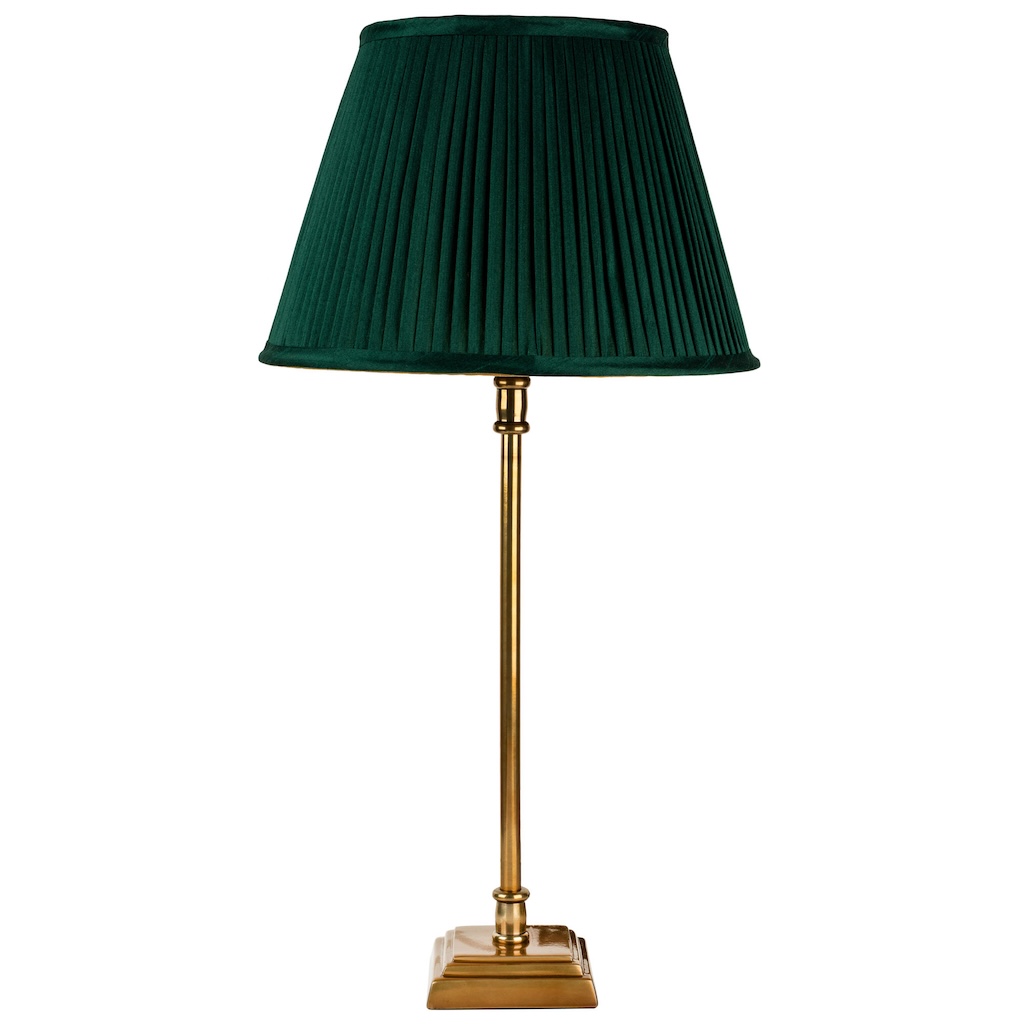 Square base antique brass table lamp medium medium square base antique brass stick lamp with racing green pleated shade