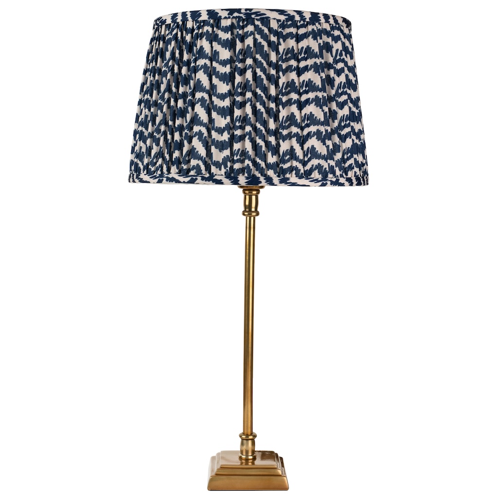 Square base antique brass table lamp medium medium square base antique brass stick lamp with wessex blue ikat shade