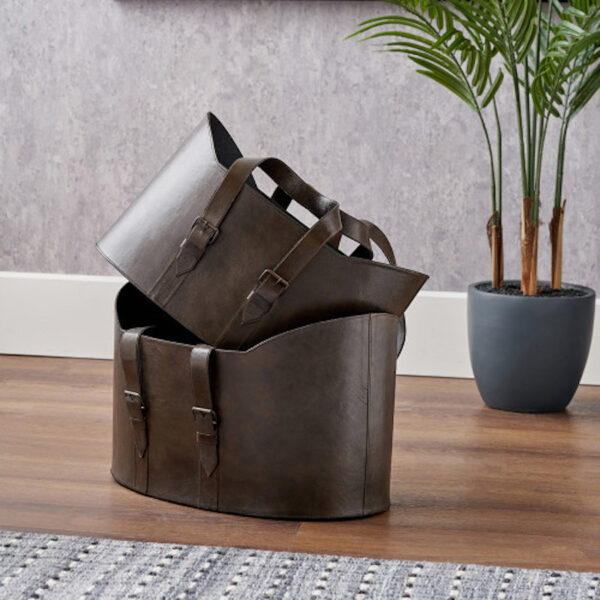 Alessio S/2 Peppercorn Leather Handled Storage - Image 5