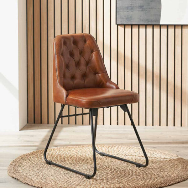 Camillo Vintage Brown Leather and Black Metal Diamond Back Dining Chair - Image 5