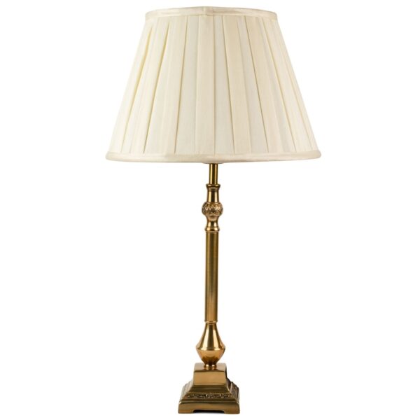 Windsor antique brass table lamp with ivory box pleat shade.