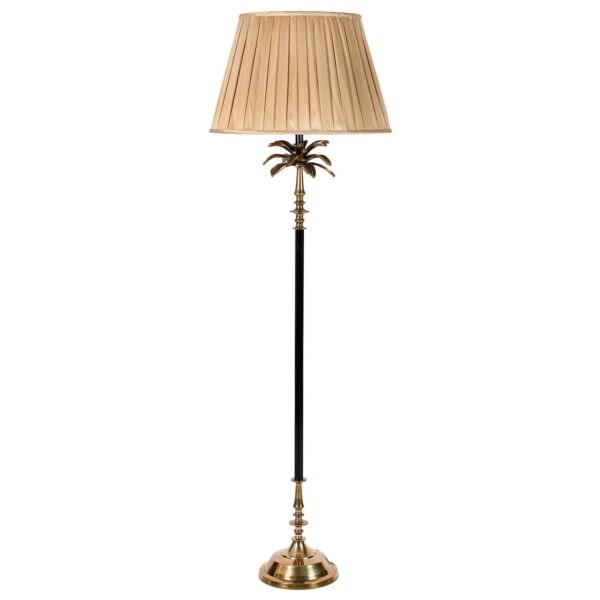 black and brass floor lamp with gold box pleat shade