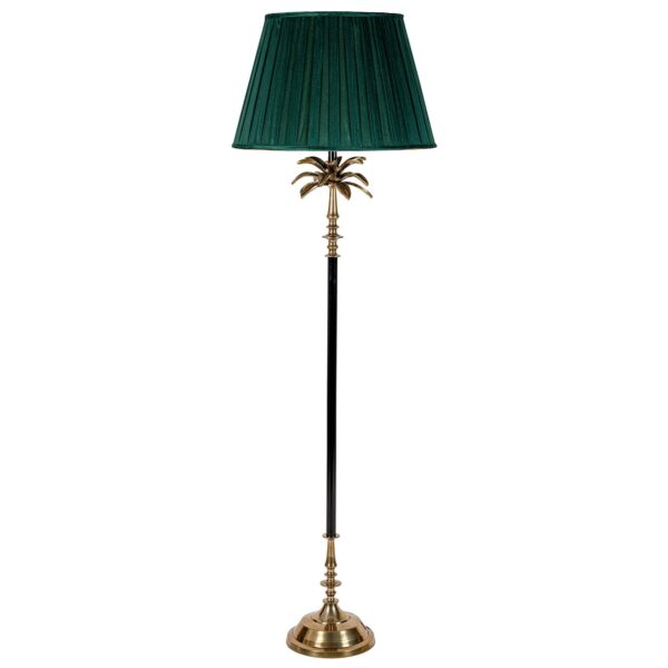 black and brass floor lamp with racing green box pleat shade