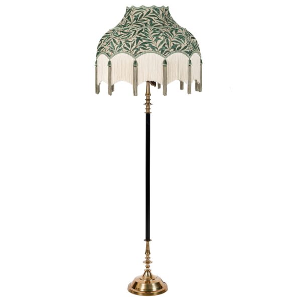 black and brass floor lamp with william Morris fringed shade
