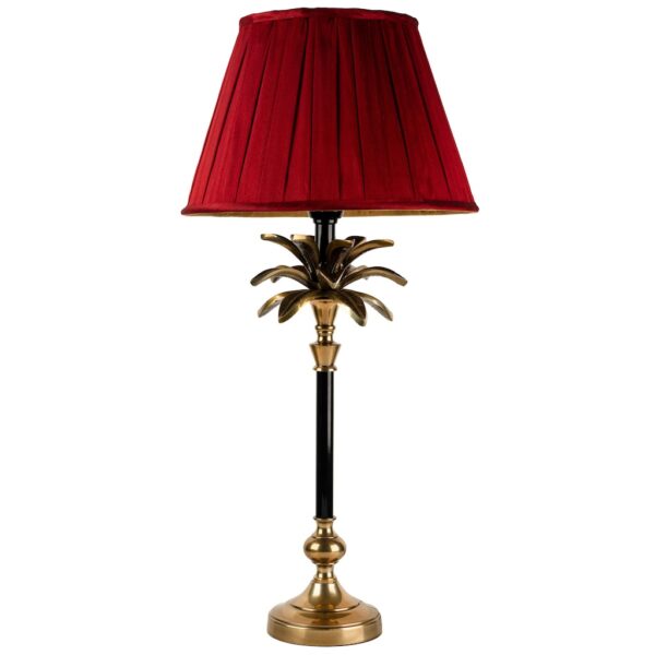 medium sized black and brass palm lamp with burgundy box pleated shade