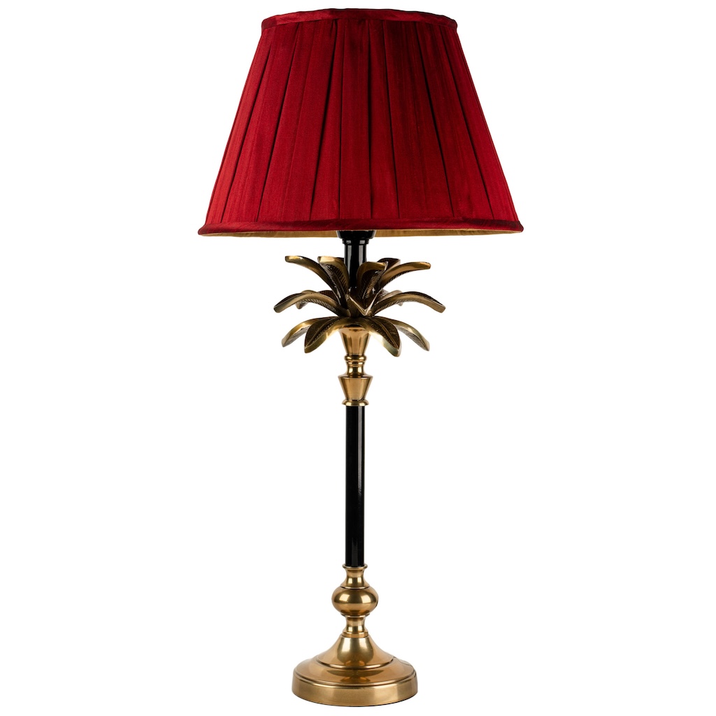 Black and brass palm tree lamp medium medium sized black and brass palm lamp with burgundy box pleated shade