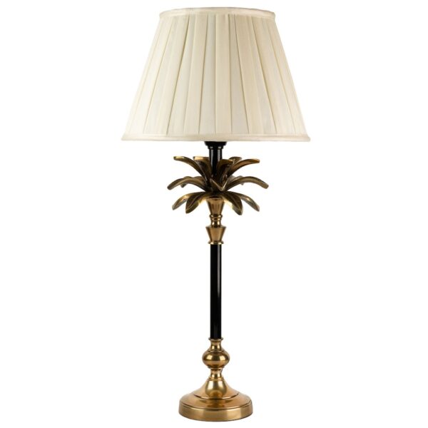medium sized black and brass palm lamp with ivory box pleated shade
