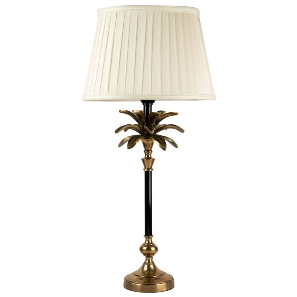 medium sized black and brass palm lamp with oval ivory silk pleated shade