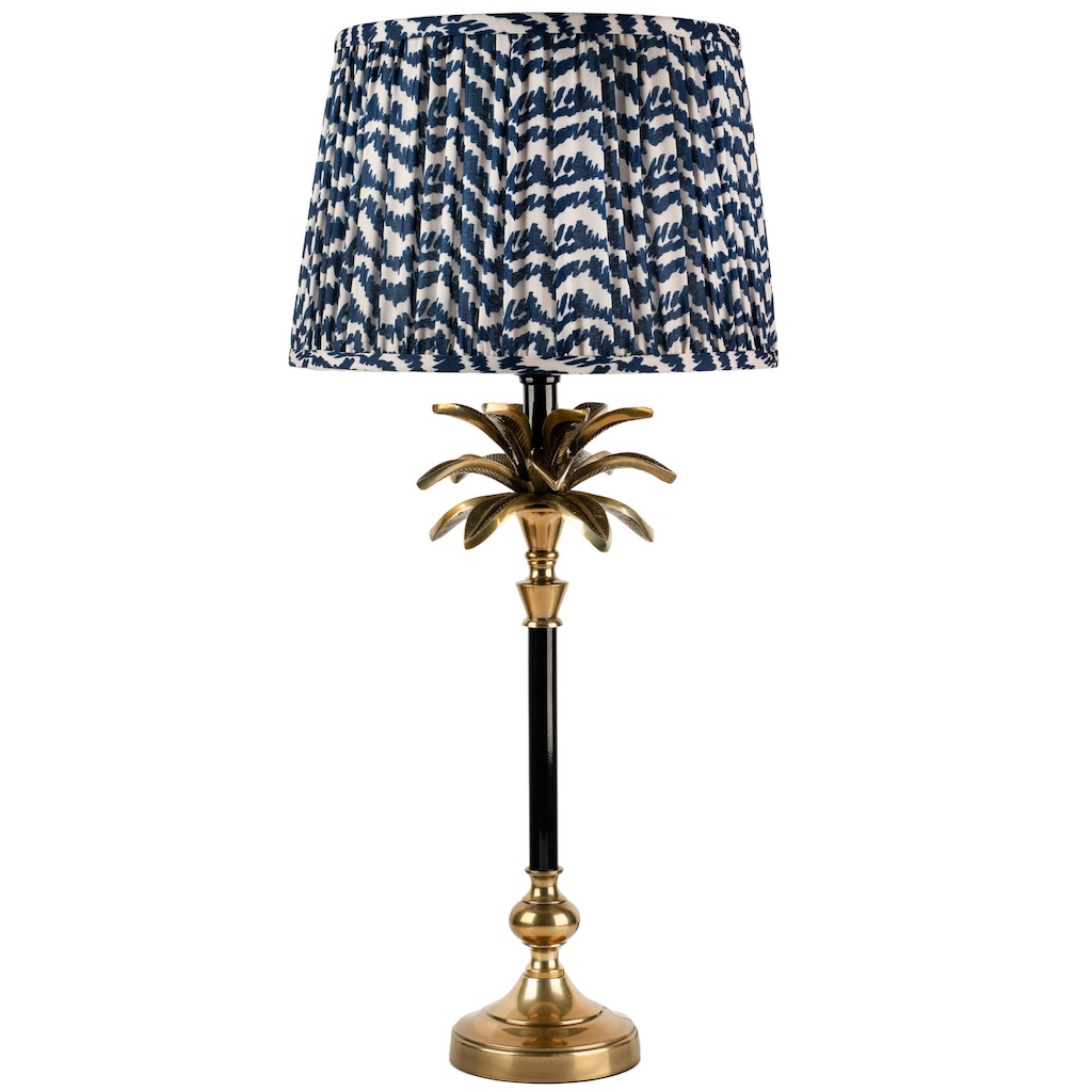 Black and brass palm tree lamp medium medium sized black and brass palm lamp with wessex blue ikat pleated shade