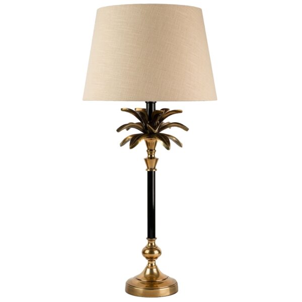 medium sized black and brass palm lamp with natural tapered linen shade