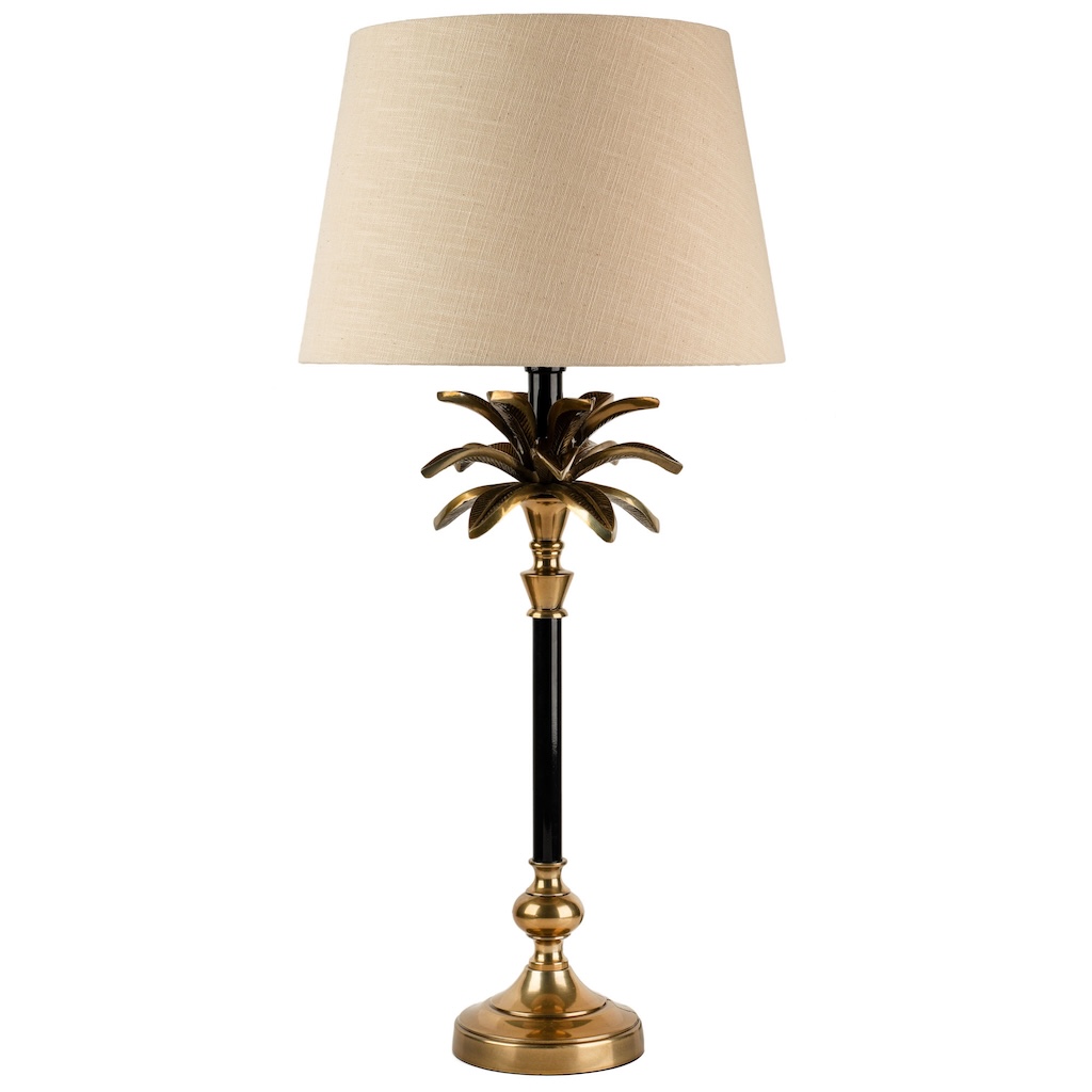 Black and brass palm tree lamp medium medium sized black and brass palm lamp with natural tapered linen shade