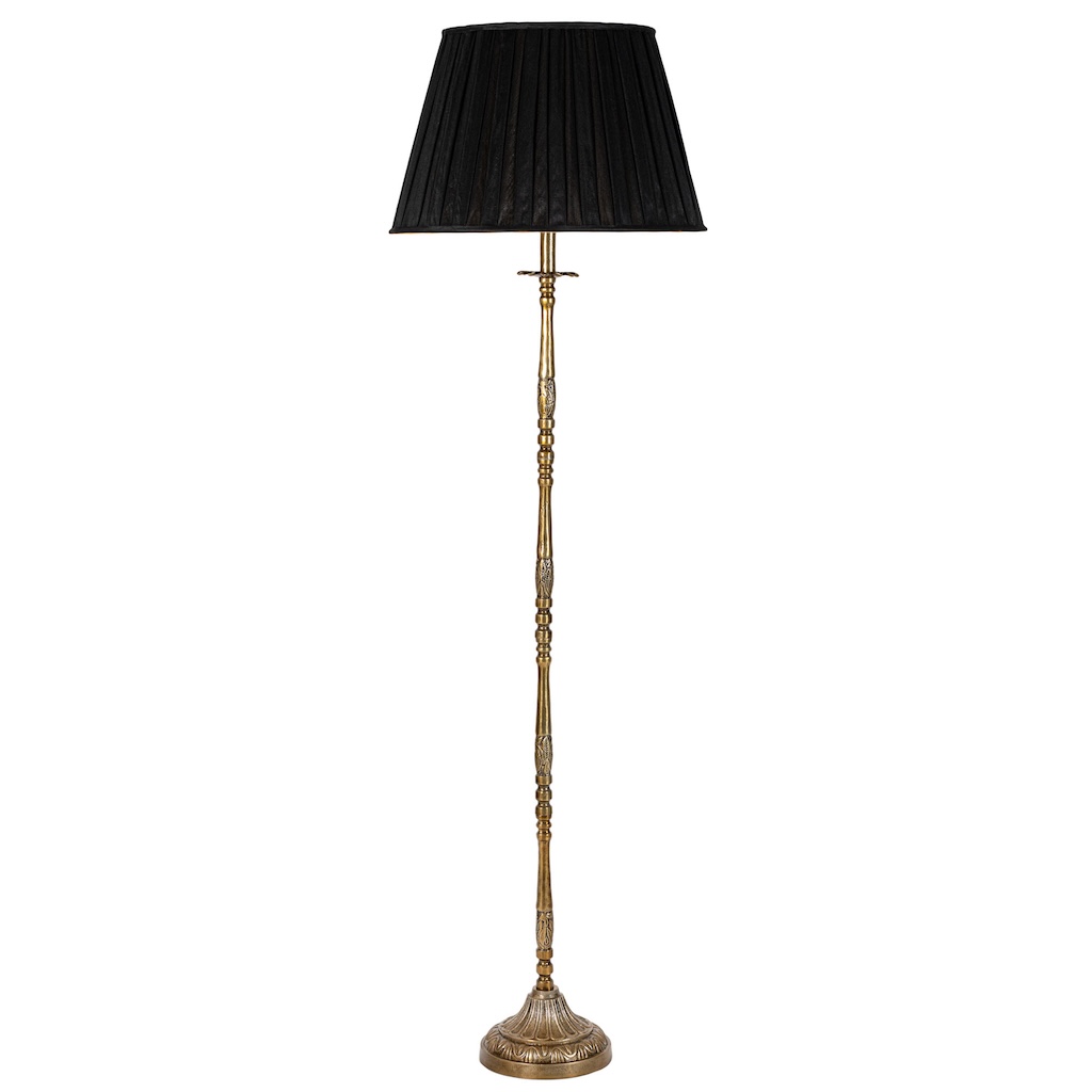 Windsor antique brass floor lamp Windsor antique brass floor lamp with black box pleat shade