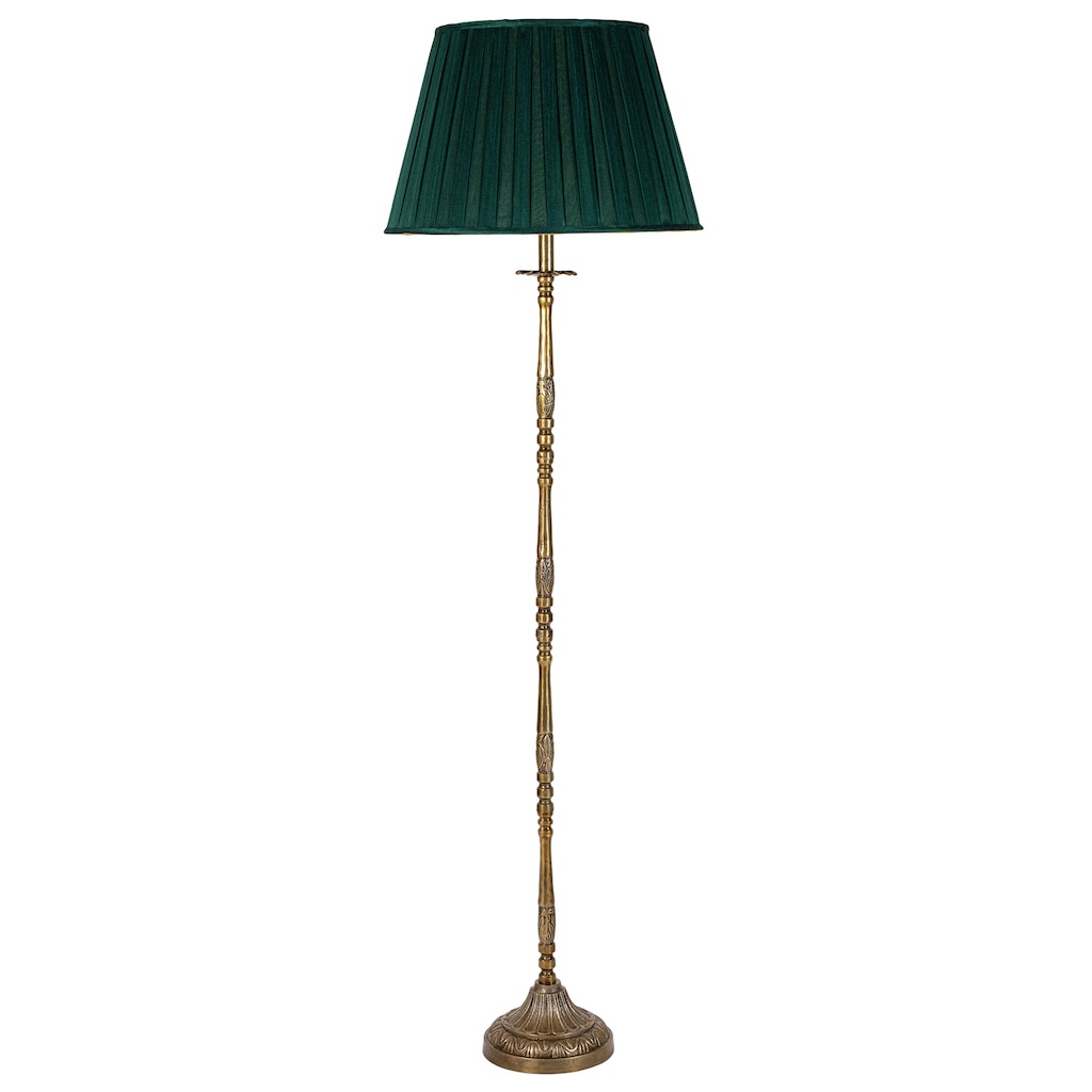 Windsor antique brass floor lamp Windsor antique brass floor lamp with racing green box pleat shade