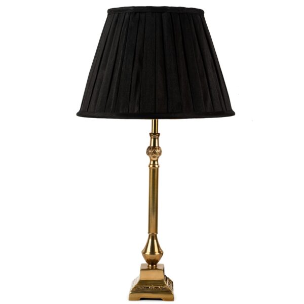 Windsor antique brass table lamp with black box pleat shade.