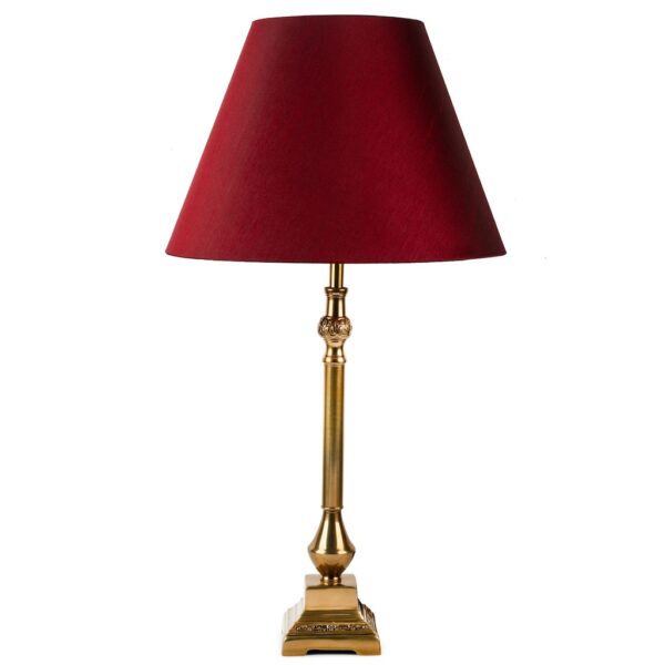 Windsor antique brass table lamp with burgundy French empire shade.