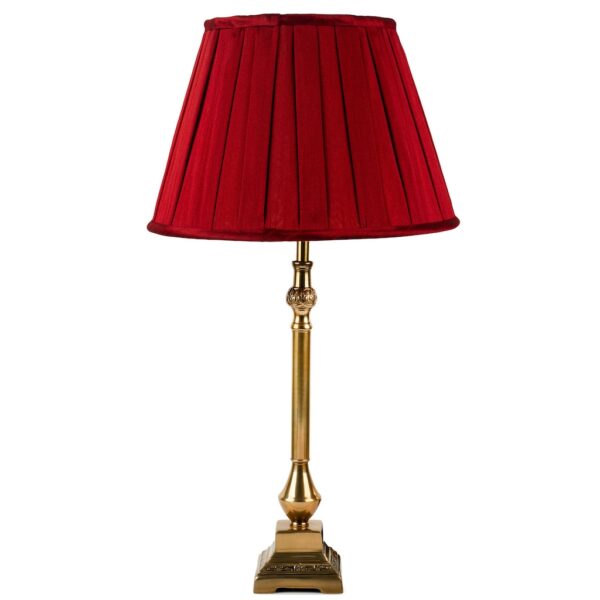 Windsor antique brass table lamp with burgundy box pleat shade.