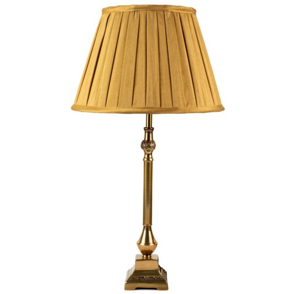 Windsor antique brass table lamp with gold box pleat shade.