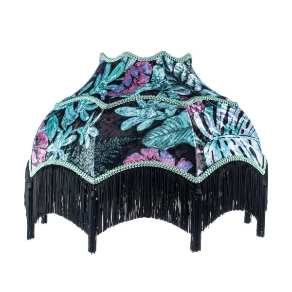 Vintage fringed lampshade with aqua design and black tassels