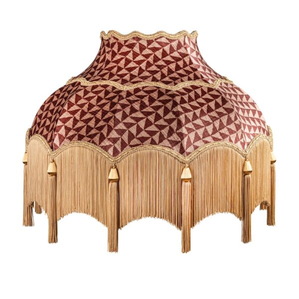 Maria Geometric Terracota shade with gold fringe and gold tassel vintage fringe and tassel shade with a geometric pattern