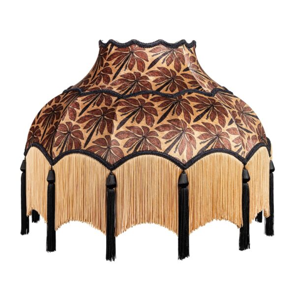 Maria Botanical Palm shade with gold fringe and black tassel Vintage fringed lampshade with a palm tree pattern on velvet